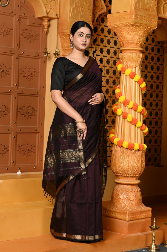 Gaurangi ~ Handloom Cotton Silk Saree with Golden Border in Exclusive Brown