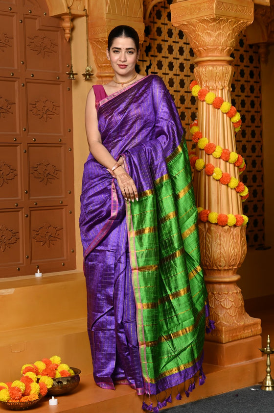 Gaurangi ~ Designed By VMI~ Handloom Pure Tussar Silk Saree With Sleek Border~ Lilac Green