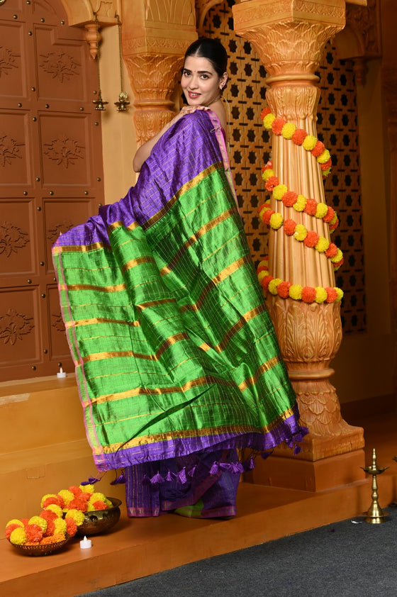 Gaurangi ~ Designed By VMI~ Handloom Pure Tussar Silk Saree With Sleek Border~ Lilac Green