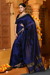 Gaurangi ~ Handloom Cotton Silk Saree with Sleek Golden Border in Exclusive Deep Blue