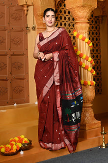  Gaurangi ~ Handloom Pure Cotton Paithani in Maroon and Black with Pichwai Pallu