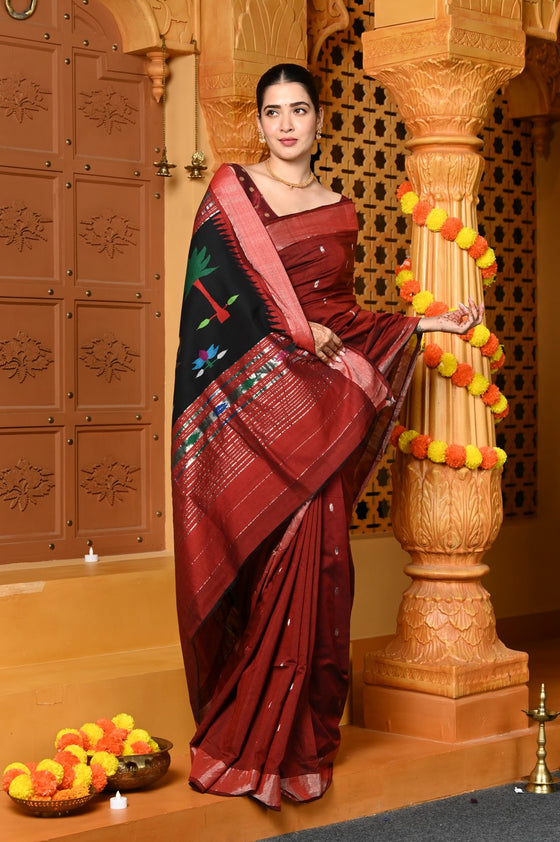 Gaurangi ~ Handloom Pure Cotton Paithani in Maroon and Black with Pichwai Pallu