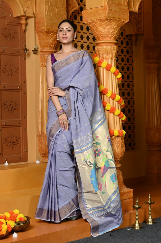 Gaurangi ~ Handloom Pure Cotton Paithani in Lilac with Peacock Pallu