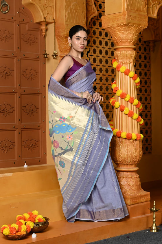Gaurangi ~ Handloom Pure Cotton Paithani in Lilac with Peacock Pallu