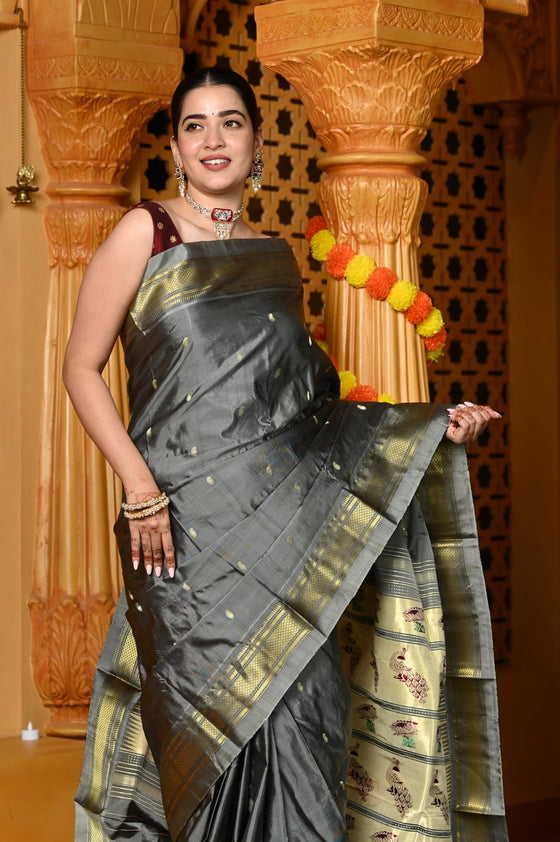 Gaurangi ~ Handloom Pure Silk Paithani Saree with Traditional Peacock Lotus Pallu in Grey