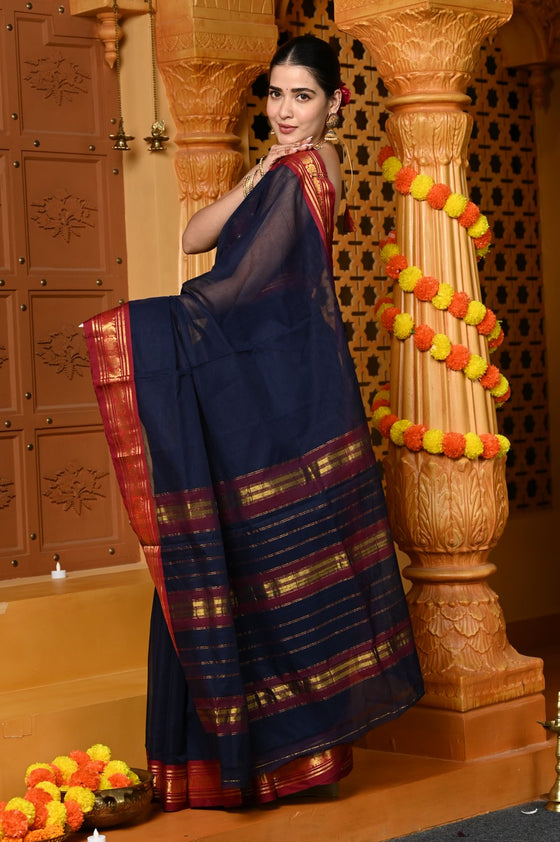 Gaurangi ~ Pure Cotton Saree in Regal Salient Dark Blue with Exclusive Zari Border & Pallu