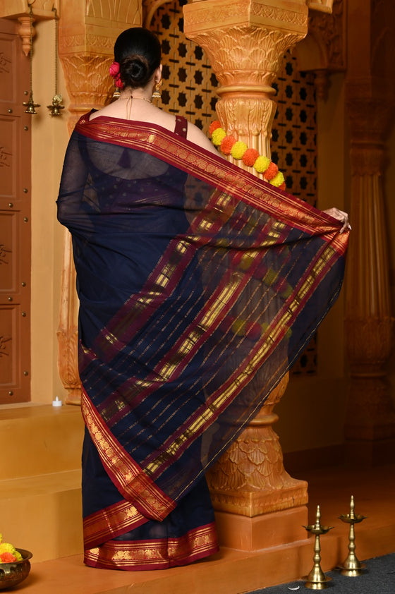 Gaurangi ~ Pure Cotton Saree in Regal Salient Dark Blue with Exclusive Zari Border & Pallu