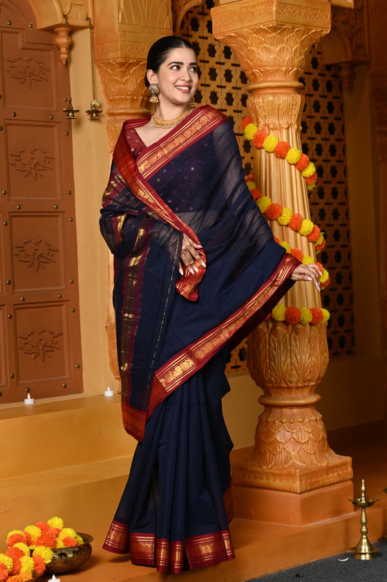 Gaurangi ~ Pure Cotton Saree in Regal Salient Dark Blue with Exclusive Zari Border & Pallu