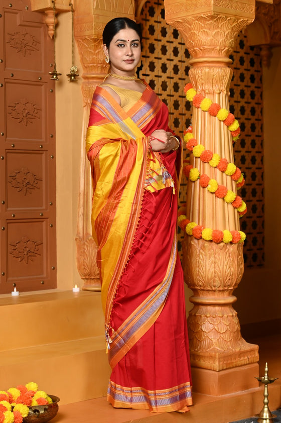 Gaurangi ~ Handloom Pure Cotton Ilkal Saree with Resham Pallu in Reshami Red Yellow