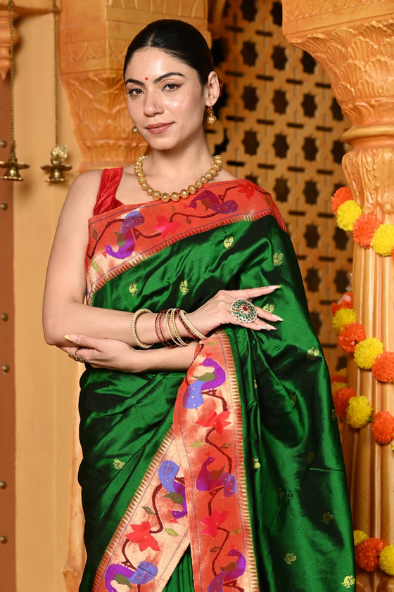 Gaurangi ~ Handloom Pure Silk Paithani Saree with Handcrafted Peacock Zari Border in Royal Green