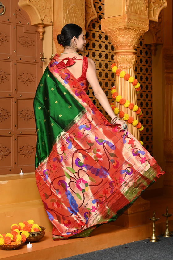 Gaurangi ~ Handloom Pure Silk Paithani Saree with Handcrafted Peacock Zari Border in Royal Green