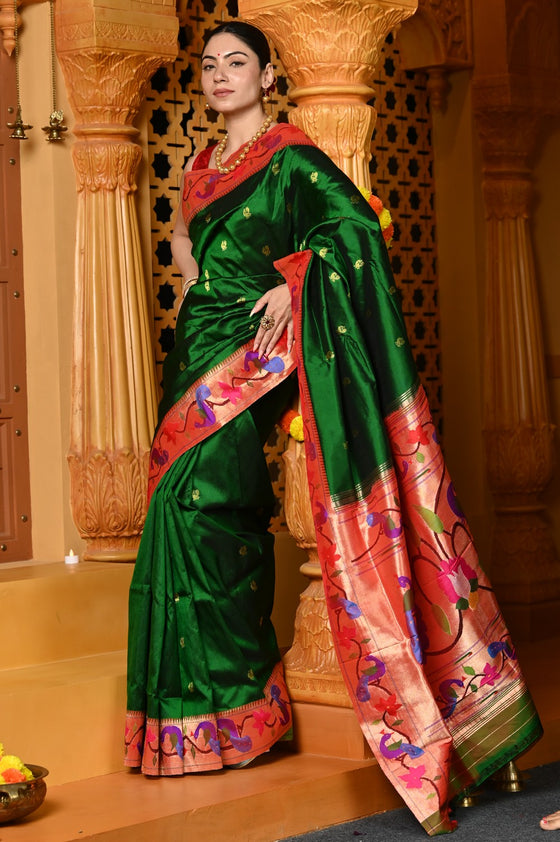 Gaurangi ~ Handloom Pure Silk Paithani Saree with Handcrafted Peacock Zari Border in Royal Green