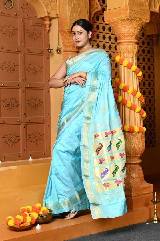 Gaurangi ~ Handloom Pure Silk Paithani Saree with Traditional Peacock Lotus Pallu in Sky Blue