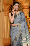Gaurangi ~ Handloom Pure Cotton Paithani in Grey with Asawali Pallu