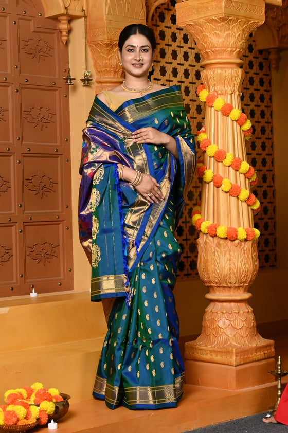 Gaurangi ~ Handloom Pure Silk Maharani Paithani with Majestic Maharani Pallu in Dual Tone Blue Green
