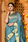 Gaurangi ~ Handloom Cotton Silk Saree with  Golden Border in Exclusive Sky Blue