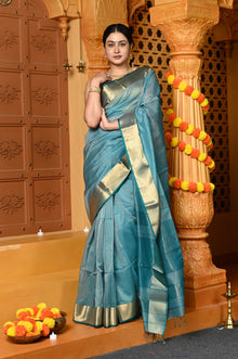  Gaurangi ~ Handloom Cotton Silk Saree with  Golden Border in Exclusive Sky Blue
