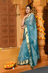 Gaurangi ~ Handloom Cotton Silk Saree with  Golden Border in Exclusive Sky Blue