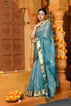 Gaurangi ~ Handloom Cotton Silk Saree with  Golden Border in Exclusive Sky Blue