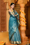 Gaurangi ~ Handloom Cotton Silk Saree with  Golden Border in Exclusive Sky Blue