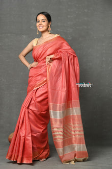  Tyohaar ~ Exclusive! Cotton By Silk Handloom Saree By Khadigram Certified Weavers -  Peach