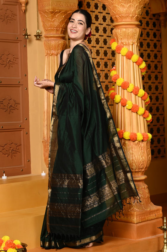 Gaurangi ~ Handloom Cotton Silk Saree with Golden Border in Exclusive Royal Green