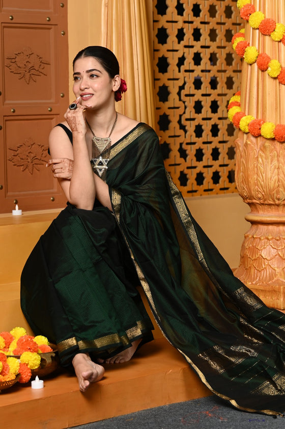 Gaurangi ~ Handloom Cotton Silk Saree with Golden Border in Exclusive Royal Green