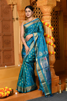 Gaurangi ~ Handloom Pure Silk Maharani Paithani with Majestic Maharani Pallu in Azure Blue