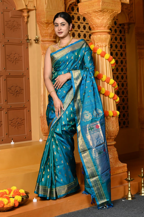 Gaurangi ~ Handloom Pure Silk Maharani Paithani with Majestic Maharani Pallu in Azure Blue