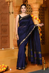 Gaurangi ~ Handloom Cotton Silk Saree with Golden Border in Exclusive Dark Blue