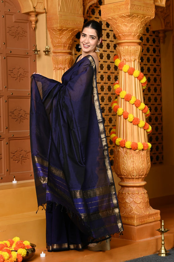 Gaurangi ~ Handloom Cotton Silk Saree with Golden Border in Exclusive Dark Blue