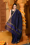Gaurangi ~ Handloom Cotton Silk Saree with Golden Border in Exclusive Dark Blue