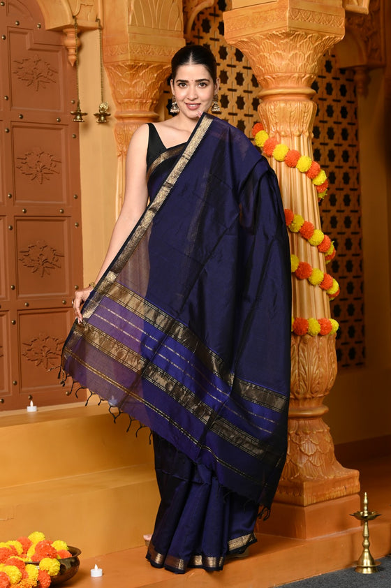 Gaurangi ~ Handloom Cotton Silk Saree with Golden Border in Exclusive Dark Blue