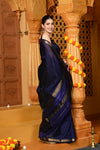 Gaurangi ~ Handloom Cotton Silk Saree with Golden Border in Exclusive Dark Blue