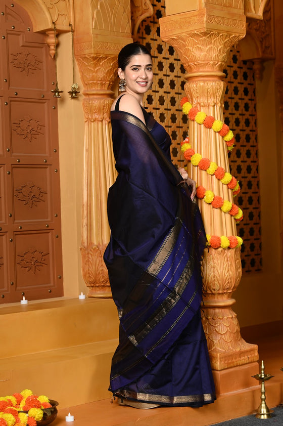 Gaurangi ~ Handloom Cotton Silk Saree with Golden Border in Exclusive Dark Blue