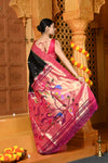 Gaurangi ~ Handloom Pure Silk Pink Muniya Border Saree With Handcrafted Peacock Pallu in Black