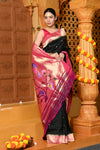 Gaurangi ~ Handloom Pure Silk Pink Muniya Border Saree With Handcrafted Peacock Pallu in Black