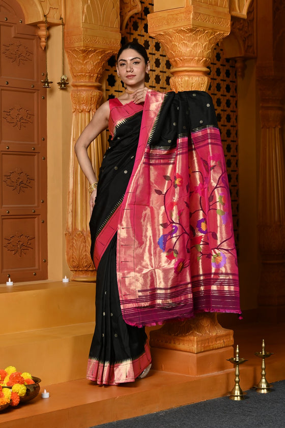 Gaurangi ~ Handloom Pure Silk Pink Muniya Border Saree With Handcrafted Peacock Pallu in Black