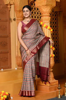  Gaurangi ~ Viscose Hand-dyed Handblock Saree in Slaked Brown