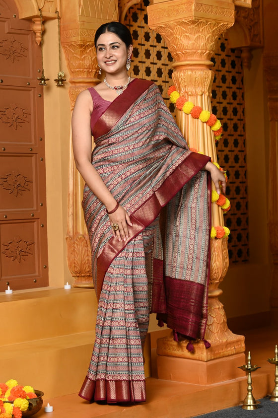 Gaurangi ~ Viscose Hand-dyed Handblock Saree in Slaked Brown