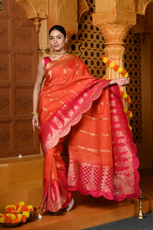  Gaurangi ~ Viscose Hand-dyed Rangkaath Saree with Cut Work Border in Orange Pink