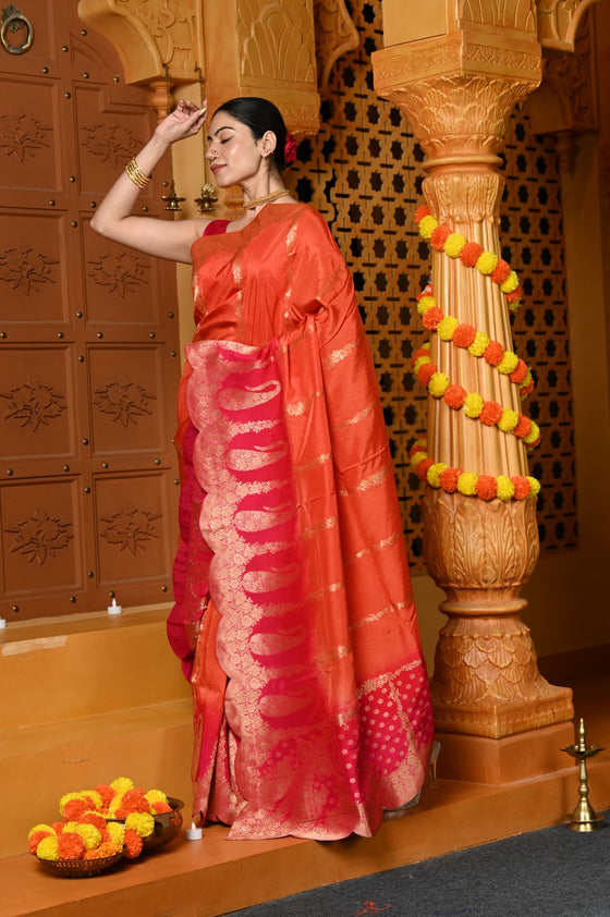 Gaurangi ~ Viscose Hand-dyed Rangkaath Saree with Cut Work Border in Orange Pink
