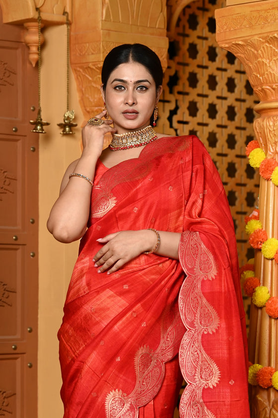 Gaurangi ~ Viscose Hand-dyed Rangkaath Saree with Cut Work Border in Red