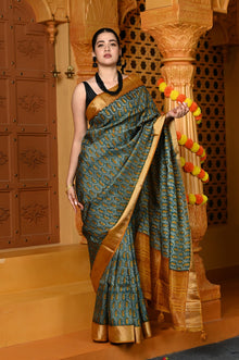  Gaurangi ~ Viscose Hand-dyed Handblock Saree in Sage Green Yellow