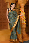 Gaurangi ~ Viscose Hand-dyed Handblock Saree in Sage Green Yellow