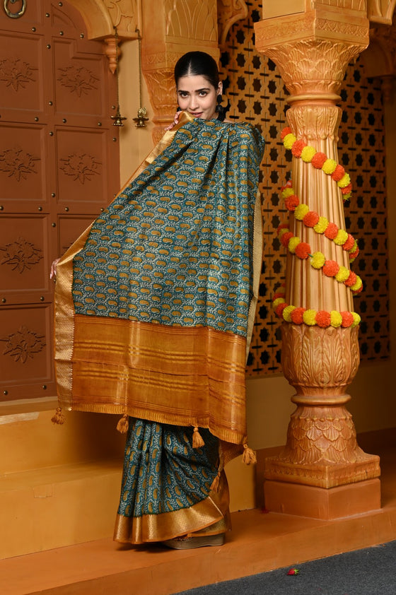 Gaurangi ~ Viscose Hand-dyed Handblock Saree in Sage Green Yellow