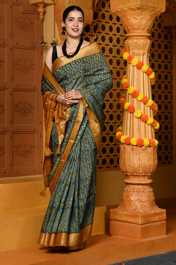 Gaurangi ~ Viscose Hand-dyed Handblock Saree in Sage Green Yellow