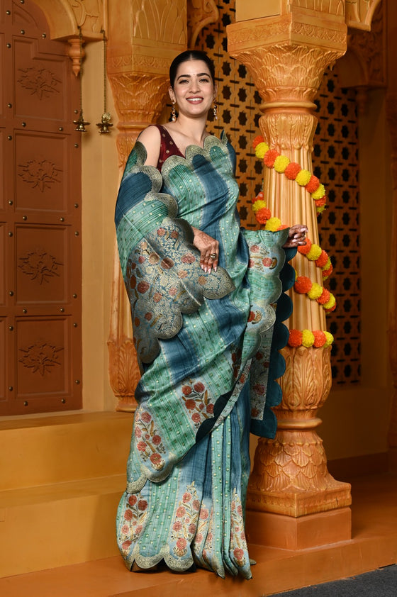 Gaurangi ~ Viscose Hand-dyed Rangkaath Saree with Cut Work Border in Sky Blue