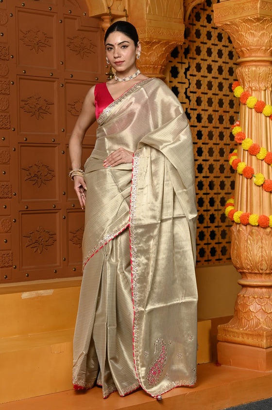 Gaurangi ~ Viscose Tissue Saree with Hand-Embroidered Gota Patti in Beige