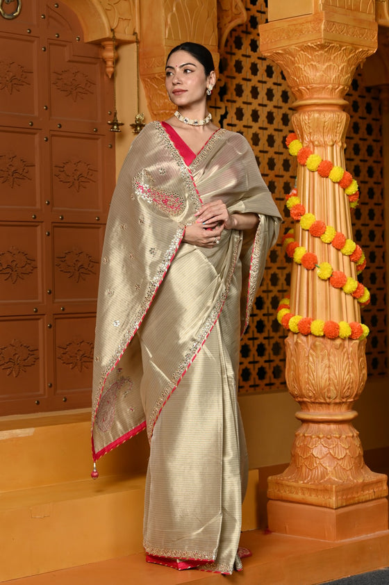Gaurangi ~ Viscose Tissue Saree with Hand-Embroidered Gota Patti in Beige